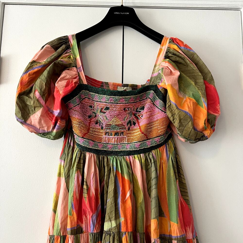 Farm Rio Pink Garden Embroidered Dress Size S pink green C8 - Picture 4 of 7
